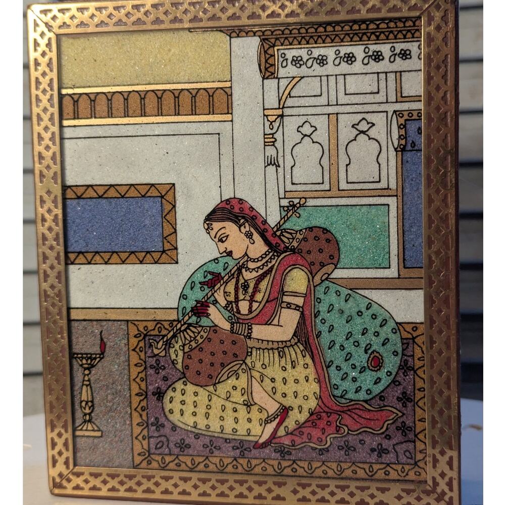 Indian jewelry box crushed gemstone art on wood with brass
